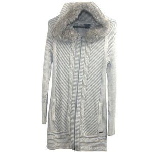 Eddie Bauer Cable Knit Knee-Length Grey Sweater with Faux Fur Hood Size S